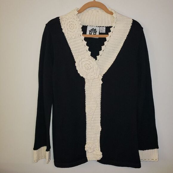STORYBOOK KNITS BLACK AMD IVORY CREAM SNAP FRONT SWEATER CARDIGAN SIZE S… - Picture 1 of 5